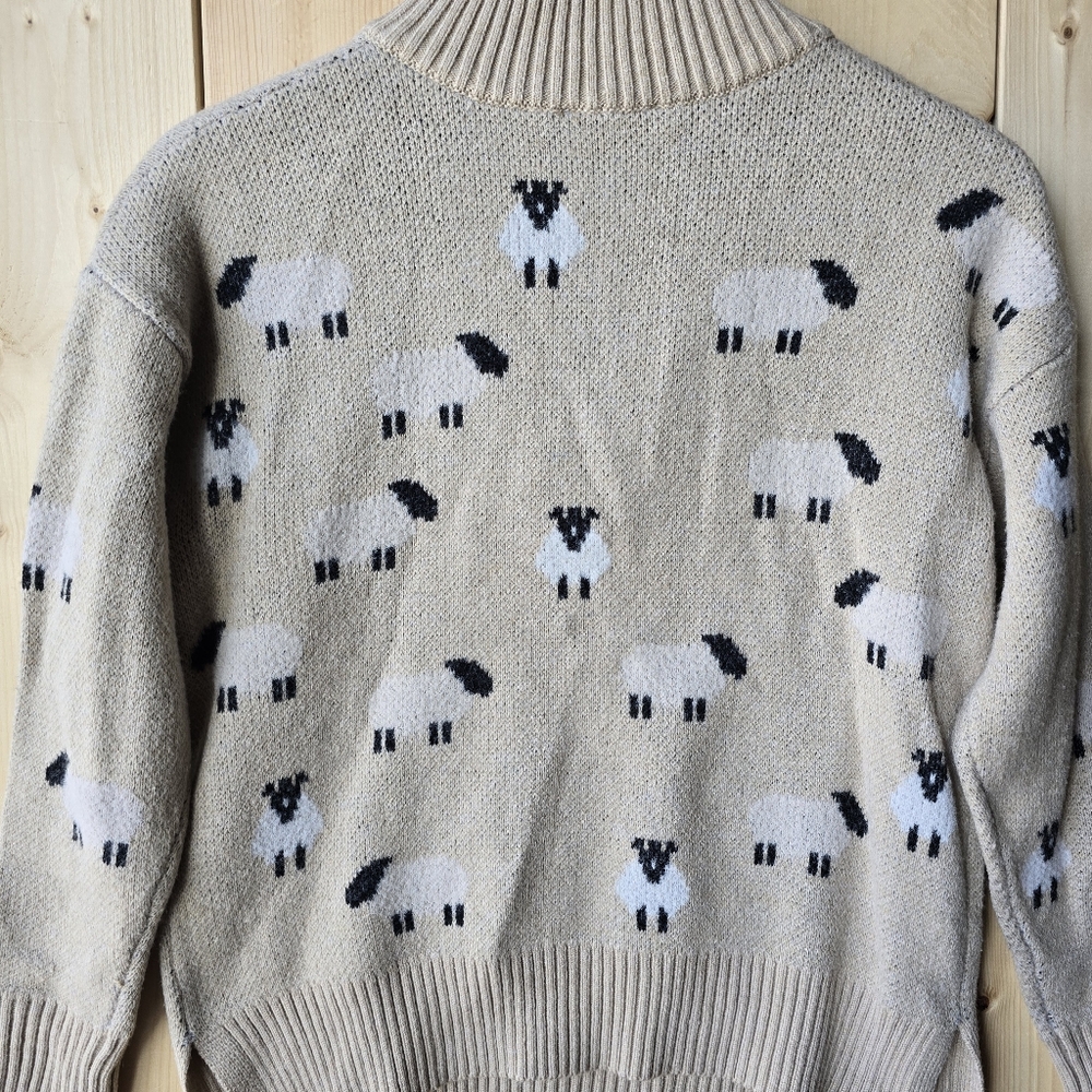 Ricki's Sheep Lamb Print 1/4 Zip Long Sleeve Pullover Tan Sweater Medium - Picture 9 of 12